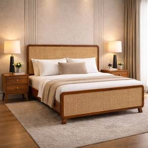 Modern Minimalist Solid Teak Wood Rattan <b>Platform</b> <b>Bed</b> <b>Frame</b> with Nightstands Luxury Bedroom Furniture Indonesia Manufacturer - Product Image 3