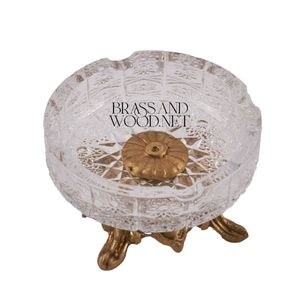 Cenicero de cobre antiguo, cuenco de cristal redondo decorativo hecho a mano con base de latón adornado, accesorio elegante para fumar de estilo vintage - Product Image 2