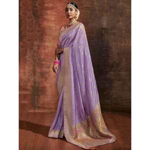 Sari de Seda Crepé Dola Tejido con Lavanda, Atractivo Vestido de Novia - Product Image 3