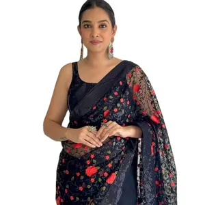 2024 Designer Saree mit Perlen-Spitzen-Randform indische Designer Party-Bekleidung Saree Großhandelspreis