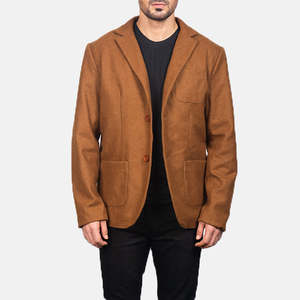 Blazer décontracté Borges en laine kaki avec fermeture à simple boutonnage, tissu tricoté, longueur longue - Product Image 1