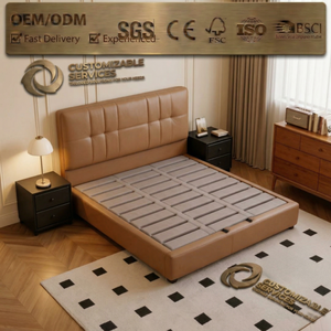 <span class=keywords><strong>Lit</strong></span> minimaliste italien en bois et cuir, taille Queen, avec système de levage à gaz et rangement, lattes en pin, fabrication directe d'usine, OEM personnalisé - Product Image 1