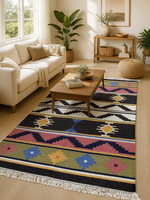 Handcrafted Cotton Kilim Runner Rug Modern Dhurrie Floor Carpet with White Tassel Fringe Hexagon Pattern Thick Living Area