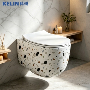 Cuvette de toilettes murale en céramique de luxe à motif marbre, à chasse d'eau tourbillon à haute température, avec abattant à fermeture douce - Product Image 4