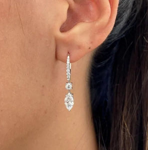 Carat Marquise & Round Cut Prong Set Diamond Dangle Boucles d'oreilles, Moissanite Diamond, 14K White Gold, Cadeau pour anniversaire - Product Image 2