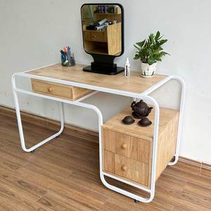 Natural Wood Makeup Vanity <b>Table</b> with Iron Frame & Lighted <b>Mirror</b> BTD68063 - Product Image 4
