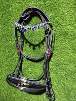 Bride de cheval de dressage de haute qualité en cuir souple rembourrage bleu et bande de sourcils en cristal avec rênes Web emballage personnalisé ..