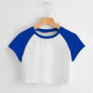 Camiseta recortada de ropa de gimnasio de buena calidad con logotipo personalizado, camiseta de manga raglán para mujer, camisetas cortas de manga corta en contraste para mujer, camisetas - Product Image 5
