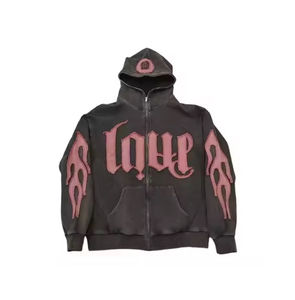 Vente en gros de sweats à capuche délavés vintage pour hommes, surdimensionnés personnalisés à la mode avec broderie de détresse et fermeture éclair pour l'automne - Product Image 5