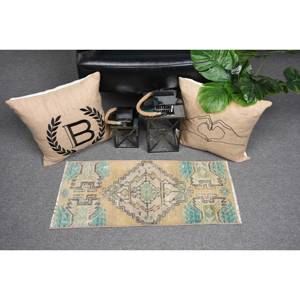 พรมขนสัตว์ตุรกีทำด้วยมือสีเบจ1.2 x 2.8ft แบบดั้งเดิมงานเย็บปะสี่เหลี่ยมผืนผ้าลายทางสำหรับห้องนั่งเล่นลาเท็กซ์ด้านหลัง - Product Image 1