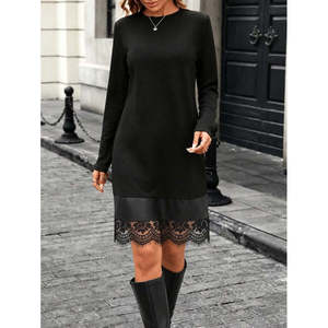 Vestido Modal Corto con Cuello Ciclista y Detalles de Cuero y Tul en el Bajo de la Falda, Manga Larga para Mujer, 38483 - Negro - Product Image 2