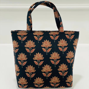 Handmade Stylish Casual Tote <b>Handbag</b> for <b>Girls</b> India Single Partition Backside Zip Pocket Handblock Print Lycra Lining - Product Image 1