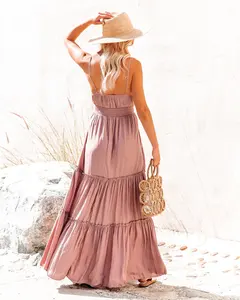 Summer Vibes Rayon Tie-Dye Ropa de mujer Vestido largo sin espalda Diseñador Cuello Maxi Vestido sin mangas Ropa de playa Vestido largo con volantes - Product Image 2