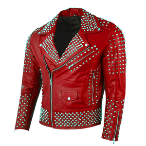Chaqueta de motorista de cuero genuino con tachuelas Rojas Chaqueta de moto de estilo Rock Punk para hombres - Product Image 1