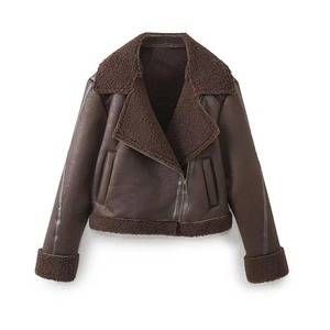 2025 automne nouveau produit femmes Double face fourrure intégré manteau col rabattable épissage polaire moto veste courte coton - Product Image 6