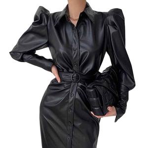 Vestido de Mujer de Piel Sintética con Mangas Abullonadas, Estilo Retro, Cuello Solapa, Cintura Ajustada, Novedad de Primavera, Venta al por Mayor para Boutiques - Product Image 1