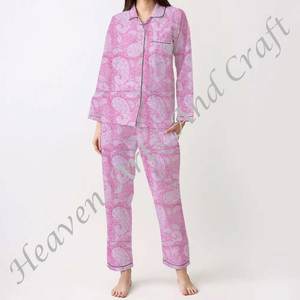Pijama de algodón hecho a mano con estampado Floral para mujer Casual Primavera/Verano Floral/personaje/letra/patrón/vacaciones/patrón de árbol de coco - Product Image 6