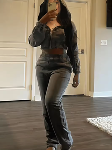 Ensemble 2 pièces personnalisé sweat-shirt pour femme avec patch de broderie vieilli sweat-shirt à capuche et pantalon de survêtement zippés ensemble survêtement pour femmes - Product Image 2