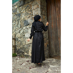 Vestido Jacquard en Línea A en Negro con Cinturón de Satén Desmontable y Mangas, Cintura Natural - Product Image 5