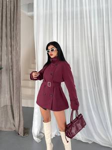 Elegant <b>Burgundy</b> <b>Trench</b> <b>Coat</b> With Belt Full Sleeve Stand Collar Double Breasted Short Length Autumn Wear - Product Image 5