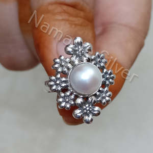 Handmade Boho Floral <b>Statement</b> <b>Ring</b> Sterling <b>Silver</b> with Pearls for Birthday Anniversary Christmas Valentine's Day Gift - Product Image 5