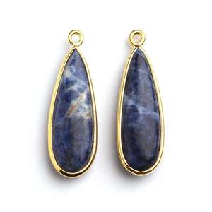 Meilleure qualité 10x25mm longue forme de goutte d'eau véritable bleu Sodalite plaqué or en argent Sterling breloque connecteur pendentif cadeau - Product Image 5