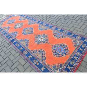 Tapis turc vintage, tapis de 4,3 x 11,3 pieds, tapis en laine patchwork orange et bleu - Product Image 4