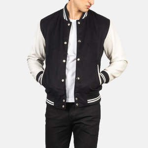 Blouson universitaire coupe-vent GLOBAL LEATHER noir et blanc en polyester/coton, tissu en velours côtelé de haute qualité, fermeture éclair, pour homme, décontracté, hiver - Product Image 1