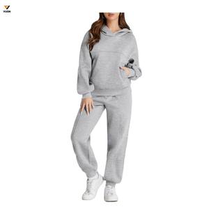 Conjunto de sudaderas con capucha y logotipo personalizado de Primavera de alta calidad para mujer, conjunto de pantalones de chándal y sudadera con capucha de color liso, conjuntos de pantalones para correr holgados para mujer - Product Image 1