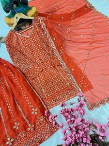 Tenue de soirée de créateur pakistanaise orange traditionnelle pour femme Salwar Kameez avec haut de costume ethnique indien Dupatta Sharara-Palazzo - Product Image 5