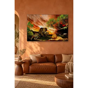 Impression sur toile Fida Lion, éléphant et léopard sous un ciel rouge - Product Image 1