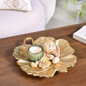 Ensemble de 2 plateaux à bibelots en aluminium en forme de feuille de lotus dorée, plateau de service décoratif pour mariage avec poignée, botanique - Product Image 6