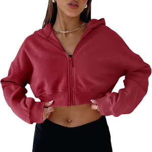 Premium French Terry Sudadera Proveedor Poliéster Manga larga Cuello alto Cremallera Corto Nude Oversize Sudaderas con capucha verdes para mujer - Product Image 1