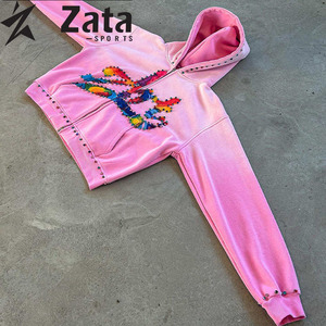 เสื้อฮู้ดผู้ชายสำหรับฤดูหนาวพลอยเทียมสีทึบปักลาย420จางหายไปจาก460 500 GSM แบบสวมหัว - Product Image 3