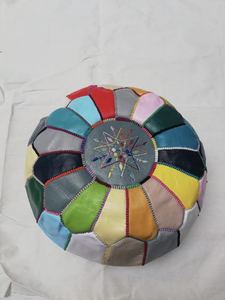 Housse de pouf en cuir véritable cousue à la main, ronde, style bohème, broderie géométrique, fermeture à cordon, personnalisable, décoration d'intérieur - Product Image 3