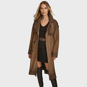 Veste en cuir véritable de haute qualité pour femmes grande taille Trench-Coat long avec décoration de boutons de style décontracté et doublure en soie - Product Image 5
