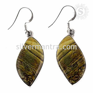 Image naturelle jaspe pierre précieuse 925 argent Sterling feuille forme balancent boucles d'oreilles pour femme filles à la main bohème bijoux - Product Image 4