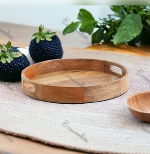 Asas redondas de bambú para servir bebidas, té, postre, cena, plato de desayuno, organización de almacenamiento para uso en el baño - Product Image 1