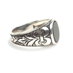 925 Sterling Silver Men's <b>Ring</b> with <b>Turquoise</b> Oval Onyx and Geometric Pattern Bezel Set and Rhodium Plated for Everyday Wear - Product Image 3