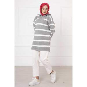 Striped XL <b>Tunic</b> Embroidered Logo Zipper Detail Ruffled Collar Vintage Western Poplin <b>Knitted</b> for Spring Parties Gray Color" - Product Image 3