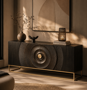 Eclipse Modern Black Solid Wood <b>Sideboard</b> Cabinet Gold Metal Frame Luxury <b>Storage</b> Buffet for Living Room Hotel 5 Ft+ <b>Storage</b> - Product Image 2