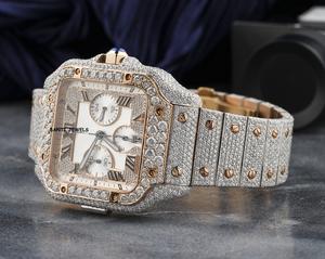 Montre Hip Hop de Luxe Carrée Antique Sertie de Moissanite avec Cadran en Verre, Bracelet en Acier Inoxydable et Accents Or Rose, Largeur 20mm - Product Image 2