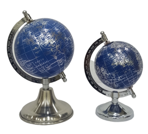 THOR INSTRUMENTS Vintage Art Deco Decorative Desktop World <b>Globe</b> Set 2 Blue Rotated Map Chrome Polish Aluminium Base - Product Image 1