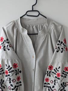 Ukrainian Vyshyvanka Natural Linen <b>Blouse</b> Washable Vintage Style with Black <b>Red</b> Floral Embroidery Ethnic Puff Sleeves - Product Image 5