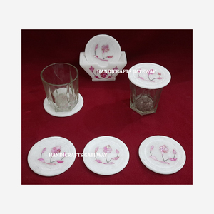Attractive And High Demanded White Marble With Fine Finished And <b>Pink</b> Mother Of Pearl Inlay Round Shape <b>Coaster</b> Set For Festival - Product Image 3