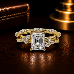 14k Pure <b>Gold</b> Classic Style Raidant cut Marquise Lab Grown Diamond <b>Ring</b> Milgrain Border Matching Band Bridal <b>Set</b> For Women's - Product Image 1