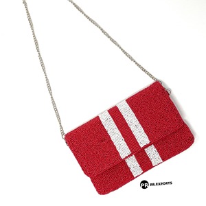 Pochette de luxe pliable à boutons perlés et rayures de course, design personnalisé, rouge et blanc, avec chaîne, pour mariage, soirée, mode géométrique - Product Image 1