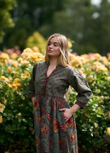 Vestido Doria Hecho a Mano, Estilo Bohemio, Midi, Estampado a Mano, Algodón Casual, Informal, de Algodón Puro con Estampado Floral - Product Image 2