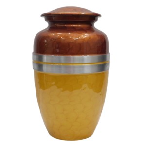Hermosa pintura esmaltada Marrón y Amarillo con dos tiras de peltre Urnas de cremación para adultos de aluminio Urnas funerarias de metal. - Product Image 1