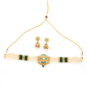 Antique Choker Style <b>Moti</b> Necklace <b>Set</b> With Matte <b>Gold</b> Plating Green 213836 Wholesalers in India - Product Image 1